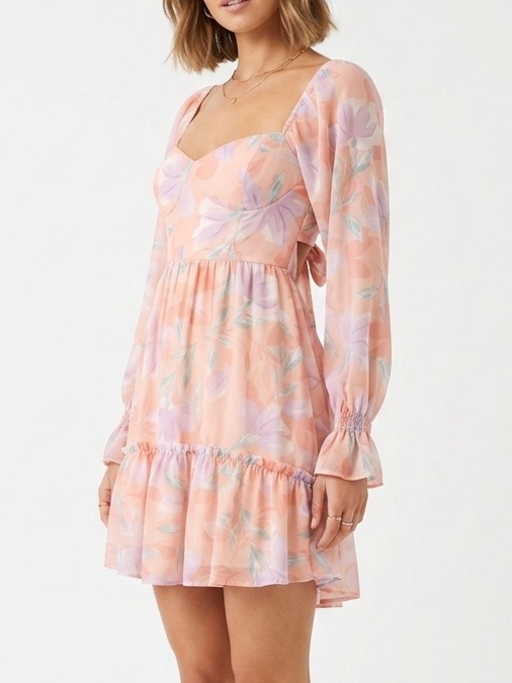 NWT Dress Up Floral Open Back Tie Mini Dress Size L Long Sleeve Paechy Boho